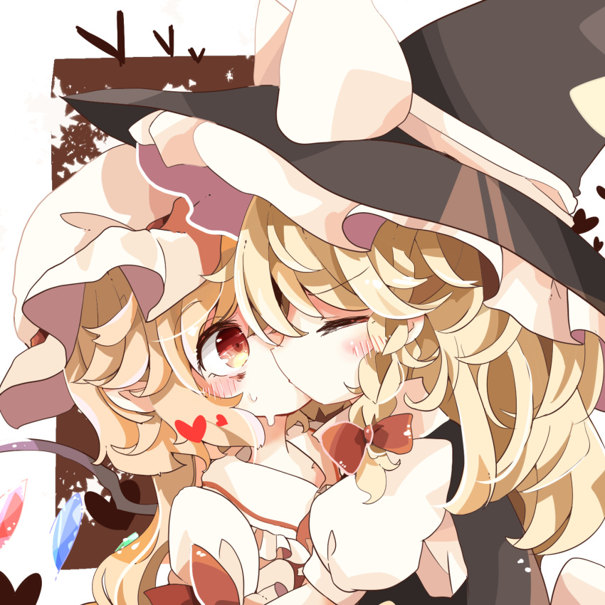 2022 2girls apron back_bow bangs black_vest blonde_hair blush blush_stickers bow braid buttons closed_eyes collared_shirt crystal dress flandre_scarlet frilled_apron frilled_shirt_collar frilled_skirt frilled_sleeves frills gem hair_between_eyes hat hat_ribbon heart highres jewelry kirisame_marisa kiss laevatein_(touhou) long_hair looking_at_another medium_hair mob_cap multiple_girls one_eye_closed puffy_short_sleeves puffy_sleeves red_bow red_eyes red_ribbon red_shirt red_skirt ribbon shirt short_hair short_sleeves side_ponytail simple_background skirt skirt_set slit_pupils sweat sweatdrop touhou tsumurikoto upper_body vest white_background white_bow white_headwear wings witch_hat wrist_cuffs yuri