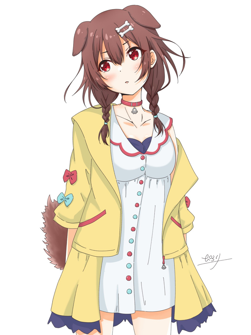 1girl animal_ears bangs blush bone_hair_ornament braid breasts brown_eyes brown_hair collarbone commentary_request cowboy_shot dog_ears dog_girl dog_tail dress extra_ears hair_between_eyes hair_ornament hair_over_shoulder hairclip highres hololive inugami_korone jacket long_hair looking_at_viewer looking_to_the_side low_twin_braids open_clothes open_jacket pilolimaru short_dress side_braids sidelocks signature simple_background sleeveless sleeveless_dress solo tail twin_braids virtual_youtuber white_background white_dress yellow_jacket