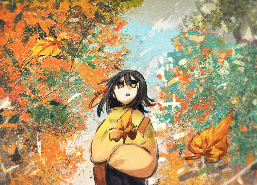 1girl :o autumn autumn_leaves bag black_hair brown_eyes crossed_arms facing_viewer highres leaf looking_up maple_leaf medium_hair open_mouth original outdoors scenery shoulder_bag solo sweater tsushima_sora yellow_sweater