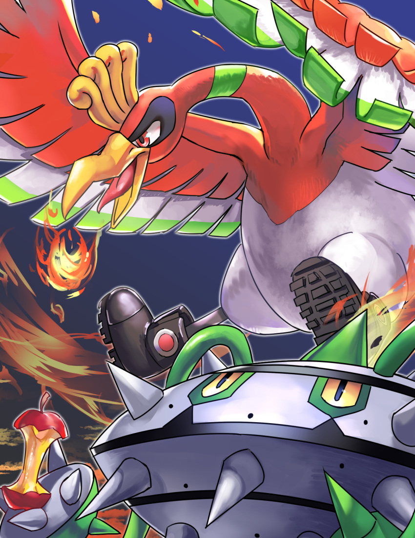 apple apple_core bird boots commentary_request ferrothorn fire food fruit heavy-duty_boots_(pokemon) highres ho-oh kiyama_eno no_humans open_mouth pokemon pokemon_(creature) red_eyes spikes tongue yellow_eyes