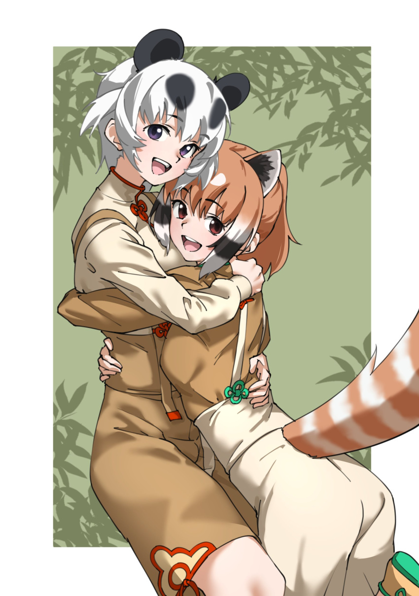 2girls :d absurdres alternate_costume animal_ear_fluff animal_ears bangs black_eyes black_hair brown_eyes brown_hair commentary extra giant_panda_(kemono_friends) highres hug kemono_friends kemonomimi_mode lesser_panda_(kemono_friends) long_sleeves looking_at_viewer matching_outfit mouse_ears multicolored_hair multiple_girls open_mouth orange_hair panda_ears red_panda_ears red_panda_tail short_hair simple_background smile suspenders tanabe_(fueisei) white_hair