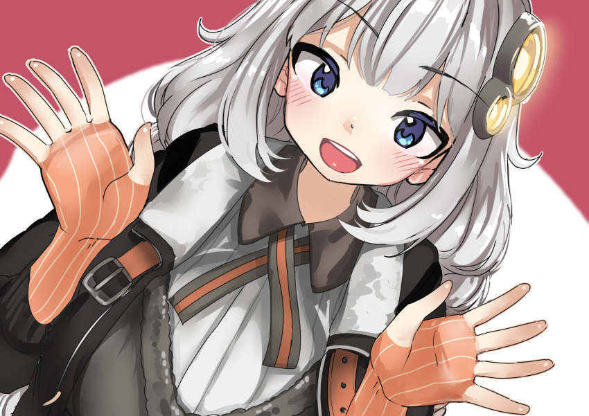 1girl bangs black_jacket blue_eyes blush braid fingerless_gloves gloves grey_hair hair_ornament hands_up highres jacket kizuna_akari long_hair looking_at_viewer microa open_clothes open_jacket open_mouth orange_gloves pink_background round_teeth smile solo striped striped_gloves teeth twin_braids two-tone_background upper_body upper_teeth vertical-striped_gloves vertical_stripes vocaloid voiceroid white_background