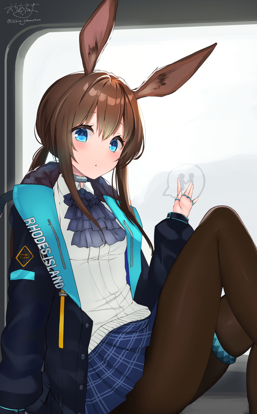 1girl absurdres amiya_(arknights) animal_ear_fluff animal_ears anklet arknights ascot bangs black_jacket blue_ascot blue_eyes blue_skirt blush brown_hair brown_pantyhose bunny_ears closed_mouth collared_shirt commentary_request dress_shirt frills hair_between_eyes hand_up highres jacket jewelry knees_up long_hair long_sleeves looking_at_viewer low_ponytail ochinsama open_clothes open_jacket pantyhose pleated_skirt ponytail puffy_long_sleeves puffy_sleeves rabbit_ears ring shirt sidelocks signature sitting skindentation skirt sleeves_past_wrists solo twitter_username white_shirt