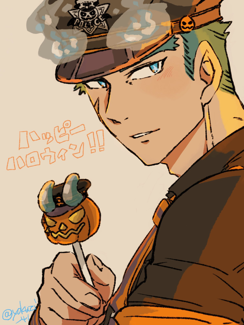 1boy blonde_hair blue_eyes blue_fire blue_hair blush brown_background candy commentary_request fire food forked_eyebrows from_side gradient gradient_background halloween happy_halloween hat highres holding holding_candy holding_food jack-o'-lantern_ornament looking_at_viewer male_focus necktie parted_lips police_hat sakimori_toji scar scar_on_cheek scar_on_face short_hair sideburns smile solo thick_eyebrows tokyo_afterschool_summoners twitter_username upper_body yokujitsu_(yokuzi_41)