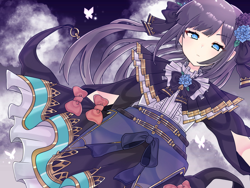 1girl animal arcaea bangs black_bow black_hair black_skirt blue_eyes blue_flower bow bug butterfly center_frills closed_mouth codename_jaroa commentary_request dutch_angle flower frilled_skirt frills hair_bow hair_flower hair_ornament highres insect long_hair long_sleeves looking_at_viewer puffy_long_sleeves puffy_sleeves purple_flower red_bow shirt skirt solo tairitsu_(arcaea) very_long_hair white_shirt
