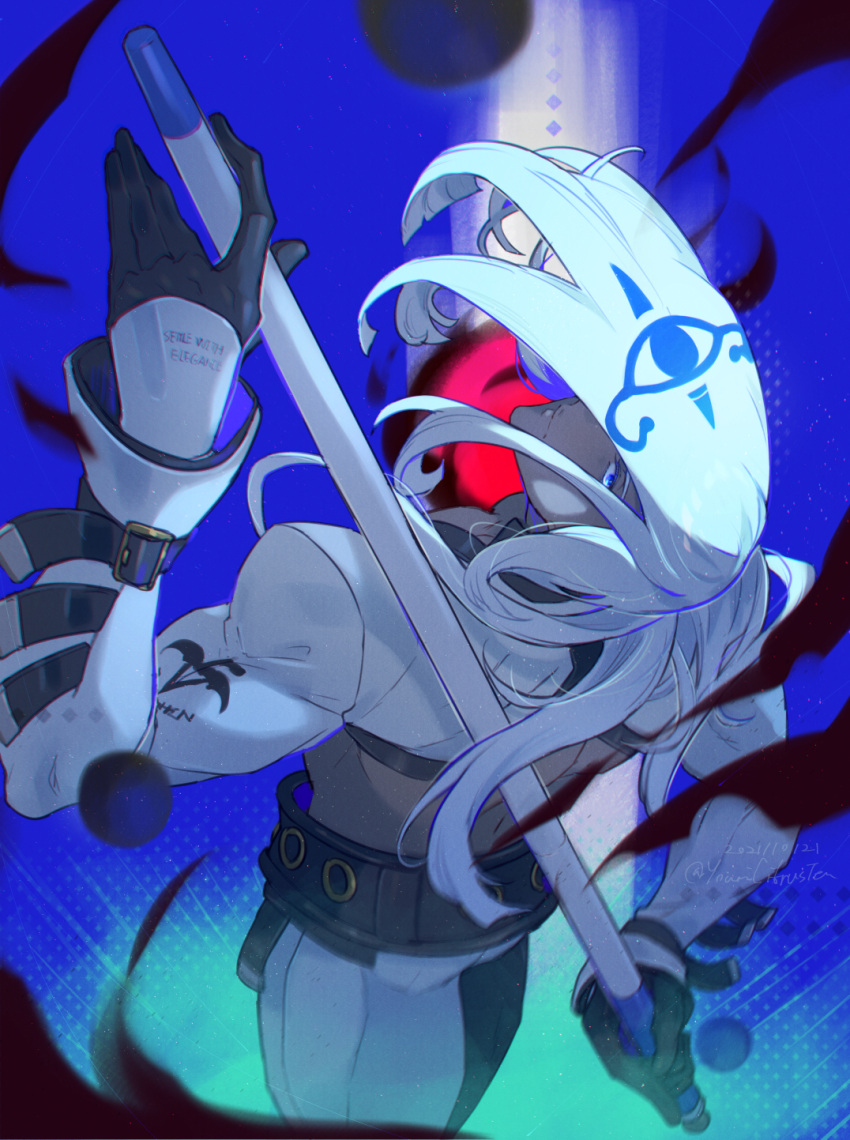 1boy 1girl back belt black_gloves blue_eyes clothes_writing cue_stick dark-skinned_male dark_skin dated english_text gloves guilty_gear hair_over_eyes highres holding holding_cue_stick long_hair looking_at_viewer looking_back navel pectorals solo twitter_username venom_(guilty_gear) white_hair youmicitrustea