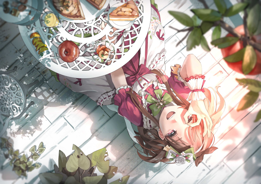1girl absurdres antenna_hair apple apple_pie blurry brown_hair depth_of_field food from_above fruit highres idolmaster idolmaster_cinderella_girls looking_at_viewer looking_up multicolored_hair nemu_kotatsu ok_sign ok_sign_over_eye open_mouth red_eyes sitting smile solo tiered_tray tsujino_akari two-tone_hair upside-down wooden_floor wrist_cuffs