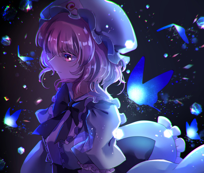 1girl bangs black_bow black_bowtie blue_butterfly blue_headwear blue_kimono bow bowtie bug butterfly closed_mouth commentary_request expressionless frilled_kimono frills hat insect japanese_clothes kimono medium_hair mob_cap pink_eyes pink_hair saigyouji_yuyuko short_hair solo touhou triangular_headpiece upper_body zukapin