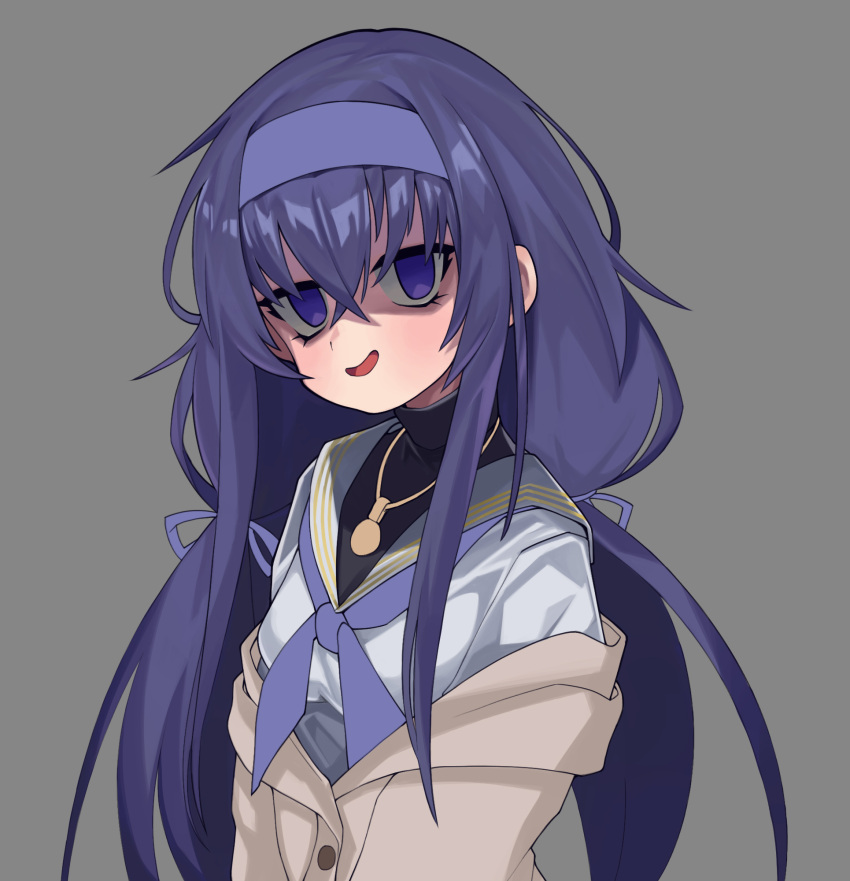 1girl bangs blue_archive cardigan empty_eyes grey_background hair_between_eyes hairband highres jewelry long_hair neckerchief necklace purple_eyes purple_hair school_uniform serafuku solo turtleneck ui_(blue_archive) violet_eyes waa153