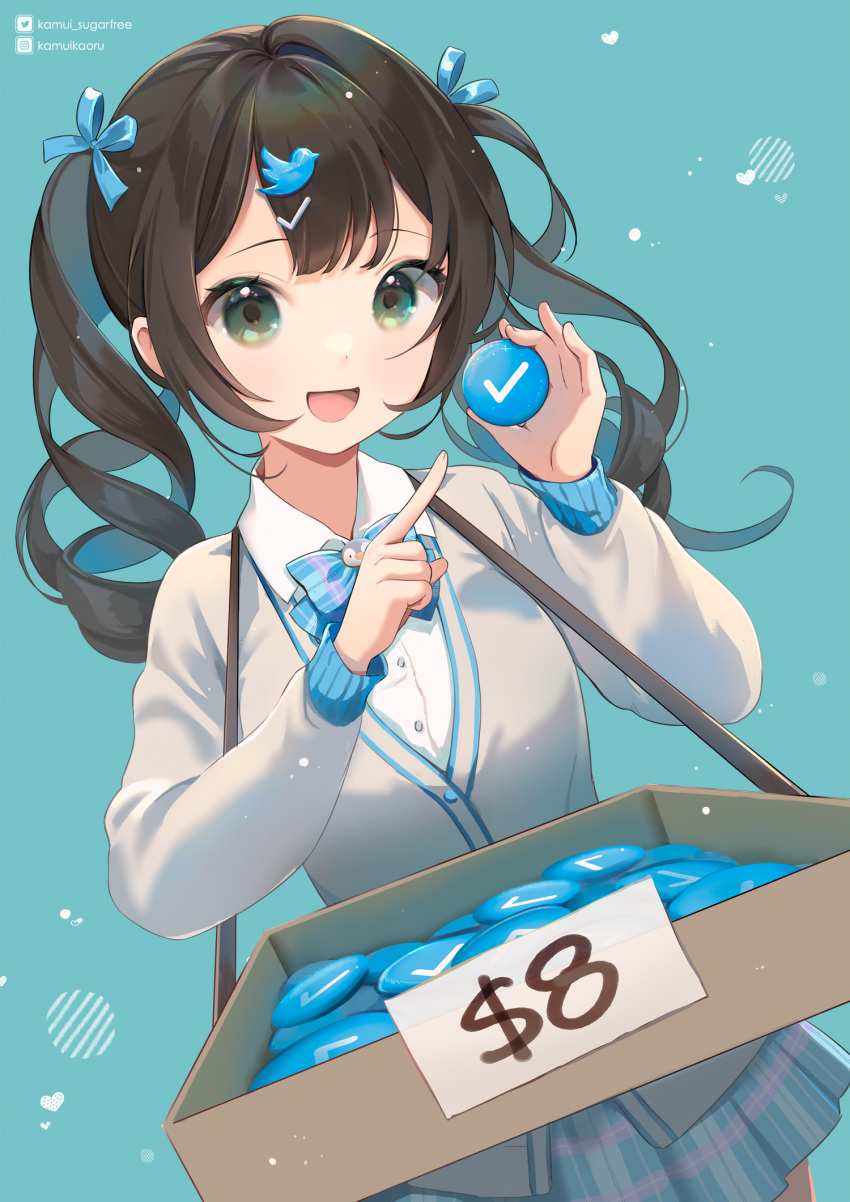 1girl :d badge bangs bird black_hair blue_bow blue_bowtie blue_ribbon blue_skirt blunt_bangs bow bowtie box button_badge cardigan checklist dollar_sign drill_hair green_eyes grey_cardigan grey_skirt hair_ornament hair_ribbon heart highres holding index_finger_raised instagram_username kamui_(kamuikaoru) light_blue_background light_blue_ribbon long_hair long_sleeves looking_at_viewer open_mouth original penguin plaid plaid_skirt pleated_skirt pointing price ribbon sale shirt sign simple_background skirt sleeve_cuffs smile solo too_many twintails twitter twitter_logo twitter_username twitter_verified_checkmark white_shirt
