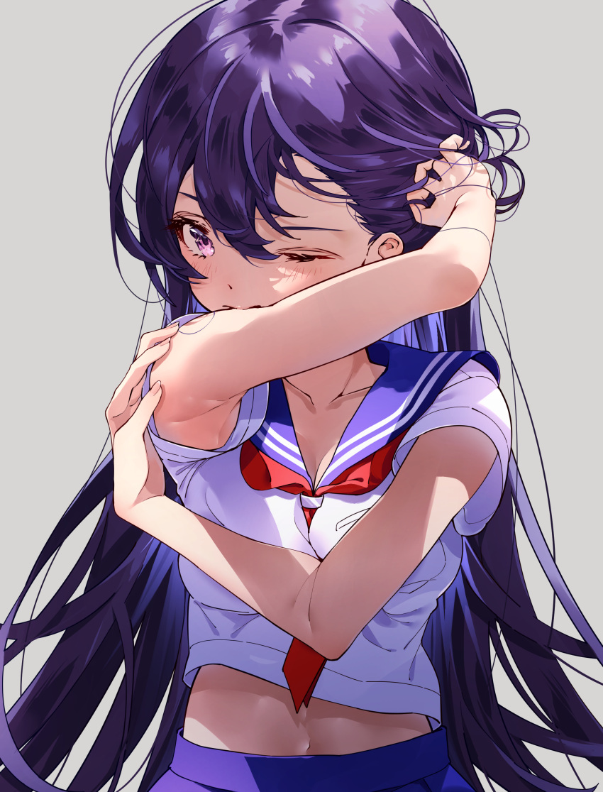 1girl absurdres armpits blouse blue_sailor_collar commentary_request gradient gradient_background grey_background highres long_hair looking_at_viewer midriff navel neckerchief one_eye_closed original pink_eyes puni_(punycolors) purple_eyes purple_hair sailor_collar school_uniform serafuku shirt short_sleeves skirt solo