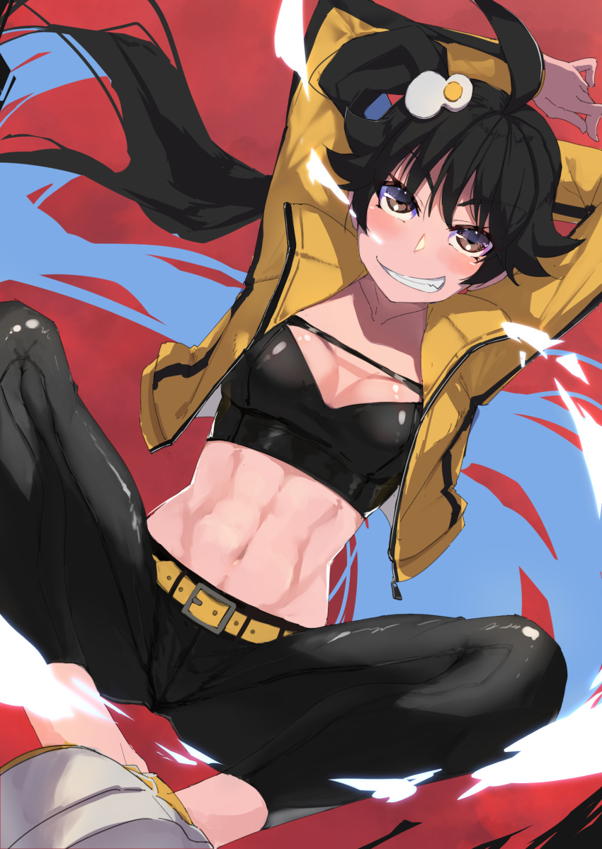 1girl abs ahoge araragi_karen arms_behind_head bakemonogatari black_hair breasts cleavage commentary_request egg_hair_ornament food-themed_hair_ornament grin hair_ornament highres jacket long_hair looking_at_viewer medium_breasts midriff monogatari_(series) navel open_clothes short_hair simple_background smile solo thomas_(aoakumasan) track_jacket