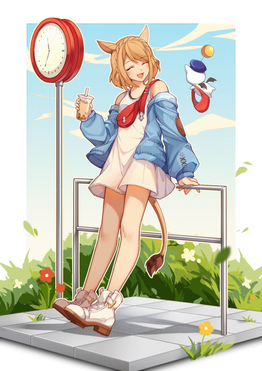 1girl 9yuki :d ^_^ animal_ears avatar_(ff14) bare_shoulders blonde_hair blue_jacket boots braid brown_hair bubble_tea cat_ears cat_girl cat_tail clock closed_eyes creature crown_braid cup disposable_cup drinking_straw elbow_patches fanny_pack final_fantasy final_fantasy_xiv flower flying full_body grass highres jacket leaning_back leaning_on_rail long_shirt long_sleeves miqo'te off_shoulder puffy_long_sleeves puffy_sleeves shirt short_hair sleeveless sleeveless_shirt smile solo street_clock tail white_footwear white_shirt yellow_flower