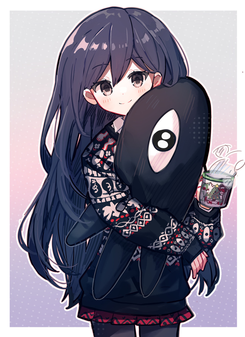 1girl absurdres black_eyes black_hair black_pantyhose black_sweater blush closed_mouth cup halftone halftone_background highres holding holding_cup holding_stuffed_toy long_hair looking_at_viewer mari_(omori) mug omori pantyhose pleated_skirt polka_dot polka_dot_background red_skirt shio_0585 skirt smile solo something_(omori) steam stuffed_toy sweater very_long_hair