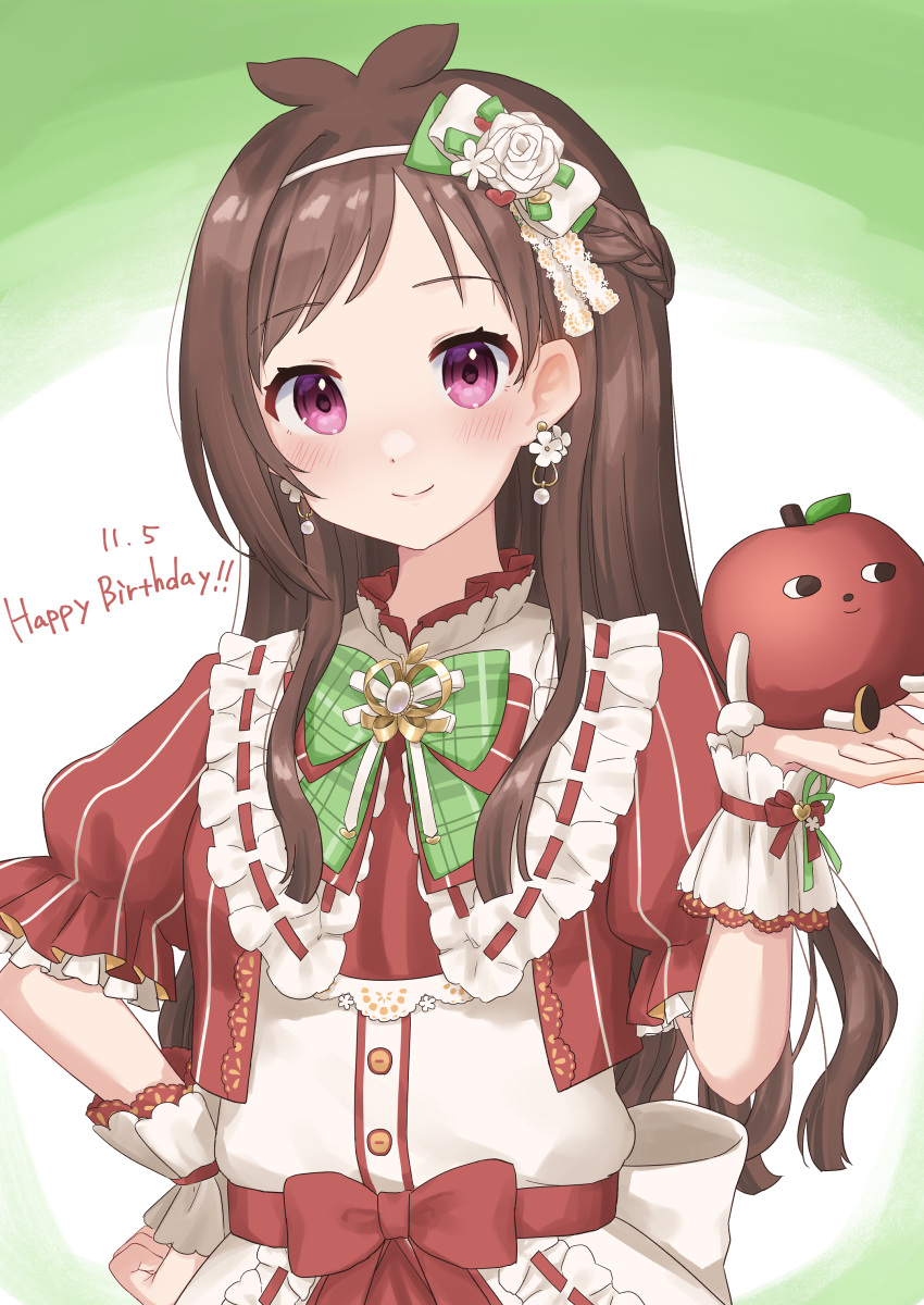 1girl absurdres antenna_hair blush bow bowtie brown_hair dated earrings flower flower_earrings half_updo hand_on_hip happy_birthday highres idolmaster idolmaster_cinderella_girls jewelry kirima_(zs_at_) long_hair looking_at_viewer puffy_short_sleeves puffy_sleeves red_eyes ringorou_(idolmaster) short_sleeves simple_background smile solo striped tsujino_akari two-tone_dress upper_body very_long_hair wrist_cuffs