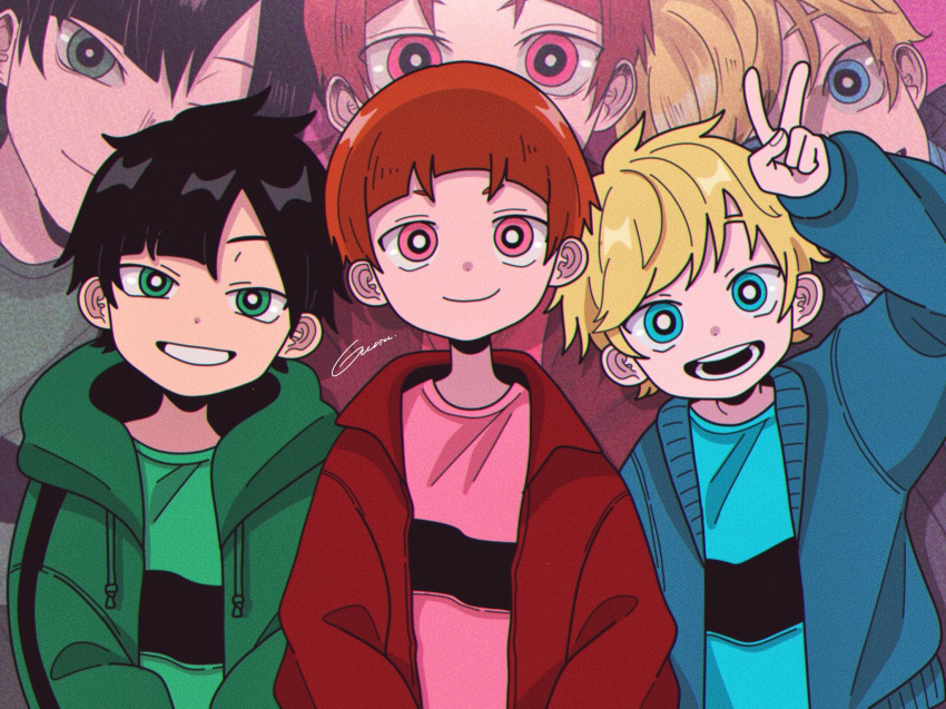 3boys black_hair blonde_hair blue_eyes boomer_(ppg) brick_(ppg) brown_hair butch_(ppg) cartoon_network child commentary_request facing_viewer green_eyes gurin._(desuna) highres hood jacket long_sleeves looking_at_viewer male_child male_focus multiple_boys open_mouth powerpuff_girls red_eyes rowdyruff_boys short_hair smile teeth v