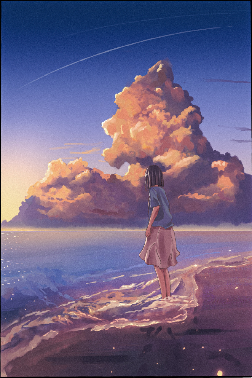 1girl absurdres beach black_hair blue_shirt cloud clouds commentary english_commentary from_behind highres indonesia kimigalunar ocean original scenery shirt short_hair short_sleeves skirt sky solo standing sunset waves white_skirt