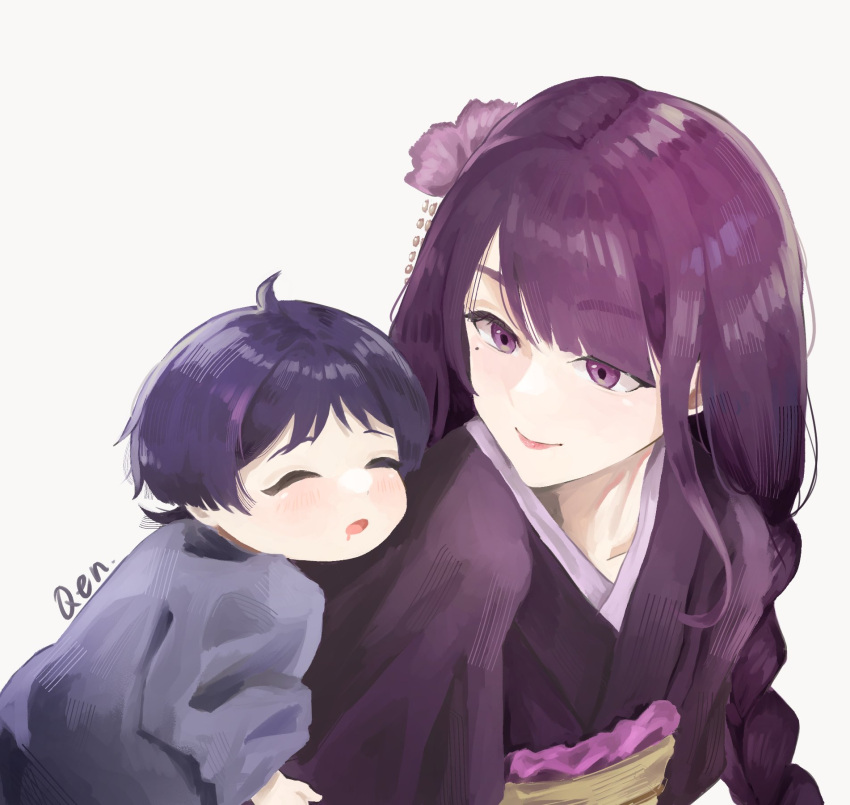 1boy 1girl aged_down ahoge artist_name baby bangs blush braid braided_ponytail closed_eyes closed_mouth drooling english_commentary genshin_impact hair_ornament highres japanese_clothes kimono lipstick long_hair looking_at_another makeup male_child mole mole_under_eye mother_and_son mouth_drool obi open_mouth purple_eyes purple_hair purple_kimono qyu_enn raiden_shogun sash scaramouche_(genshin_impact) simple_background sleeping smile violet_eyes white_background