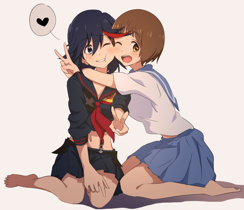 2girls absurdres barefoot black_hair black_serafuku blue_eyes blush brown_hair cheek-to-cheek cheek_press cheek_squash colored_tips feet grin heads_together heart highres hug kill_la_kill legs looking_at_viewer mankanshoku_mako matoi_ryuuko midriff multicolored_hair multiple_girls navel neckerchief nijizuki_shino one_eye_closed open_mouth pink_background red_neckerchief redhead school_uniform senketsu serafuku short_hair simple_background sitting skirt smile spoken_heart streaked_hair suspenders teeth v wariza yellow_eyes