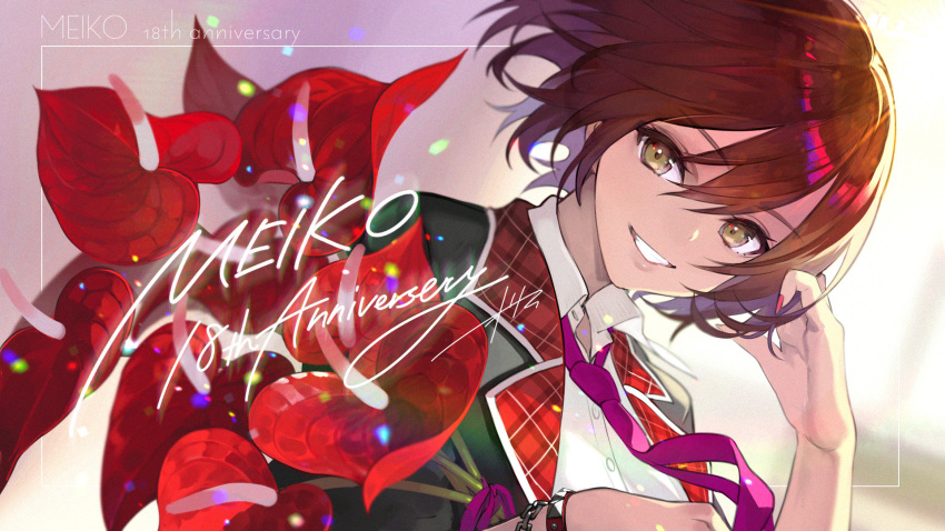 1girl anniversary anthurium black_jacket blurry blurry_background bouquet bracelet brown_eyes brown_hair chain character_name commentary dress_shirt dutch_angle flower grin hand_in_own_hair hand_up highres holding holding_bouquet indoors jacket jewelry lapels leo/need_(project_sekai) looking_at_viewer meiko_(vocaloid) necktie official_art osamu_(jagabata) pink_necktie plaid plaid_jacket project_sekai red_flower red_nails school_uniform second-party_source shirt short_hair smile solo upper_body white_shirt