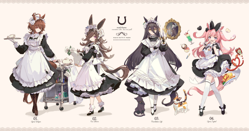 4girls agnes_digital_(umamusume) agnes_tachyon_(umamusume) alternate_costume animal_ears apron bangs black_dress black_footwear black_hair black_legwear bow brown_hair bunny_ears cat_ears character_name commentary_request cup dress full_body gloves highres holding holding_tray horse_ears horse_girl horse_tail juliet_sleeves korean_commentary long_hair long_sleeves looking_at_viewer maid maid_headdress manhattan_cafe_(umamusume) multiple_girls pink_hair puffy_sleeves rice_shower_(umamusume) shoes short_hair smile tail teacup teapot thigh-highs thighhighs tray umamusume very_long_hair welchino white_legwear