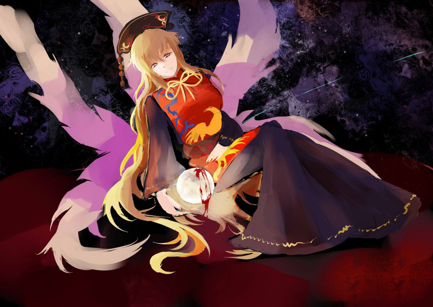 1girl animal_print bangs belt bird_print black_dress black_headwear black_sky blonde_hair blood bow bowtie breasts brown_belt chinese_clothes closed_eyes clouds cloudy_sky commentary_request crescent dress energy falling_star fox_tail hair_between_eyes hat junko_(touhou) legacy_of_lunatic_kingdom liyunfeng96 long_hair long_sleeves looking_to_the_side mandarin_collar medium_breasts moon multiple_tails night night_sky phoenix_crown phoenix_print pom_pom_(clothes) red_eyes red_tabard sitting sky smile solo space star_(sky) starry_sky tabard tail touhou very_long_hair wide_sleeves yellow_bow yellow_bowtie