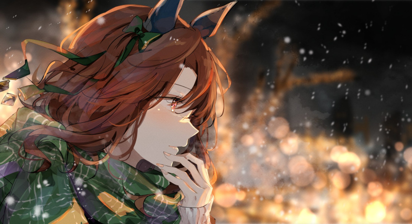 1girl animal_ears bangs blurry blurry_background bokeh bow brown_hair closed_mouth depth_of_field ear_covers hair_bow hand_up highres horse_ears king_halo_(umamusume) lips long_hair looking_afar ninjin_nouka orange_eyes outdoors scarf snow solo sweater umamusume upper_body white_sweater