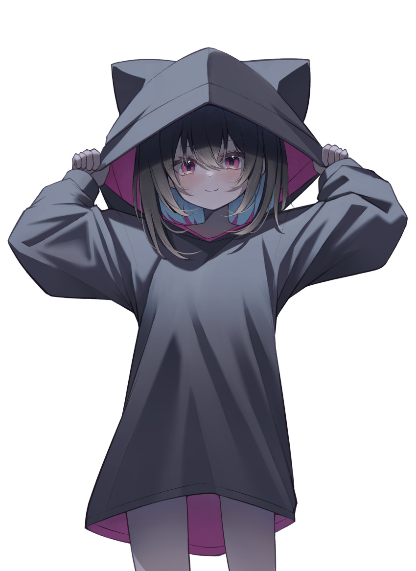 &gt;:) 1girl absurdres animal_hood black_hoodie brown_hair cat_hood hair_between_eyes highres hood hood_up hoodie long_hoodie long_sleeves multicolored_hair no_pants original puffy_long_sleeves puffy_sleeves short_hair sleeves_past_wrists solo su_ha_ya v-shaped_eyebrows violet_eyes