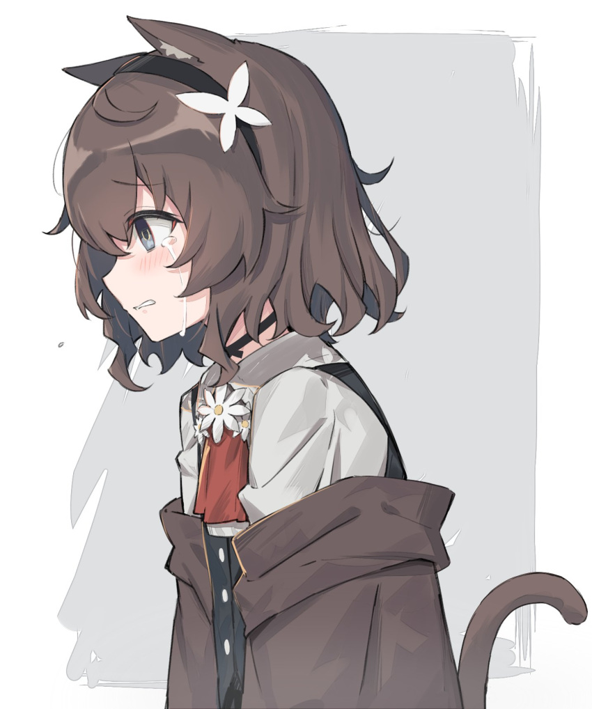 1girl animal_ears black_vest blush brown_coat brown_hair cat_ears cat_girl cat_tail coat crying crying_with_eyes_open flower gradient gradient_background grey_eyes hair_ornament hairband highres kurioshi_fio off_shoulder open_clothes open_coat original satou_(3366_s) short_hair solo tail tears vest virtual_youtuber
