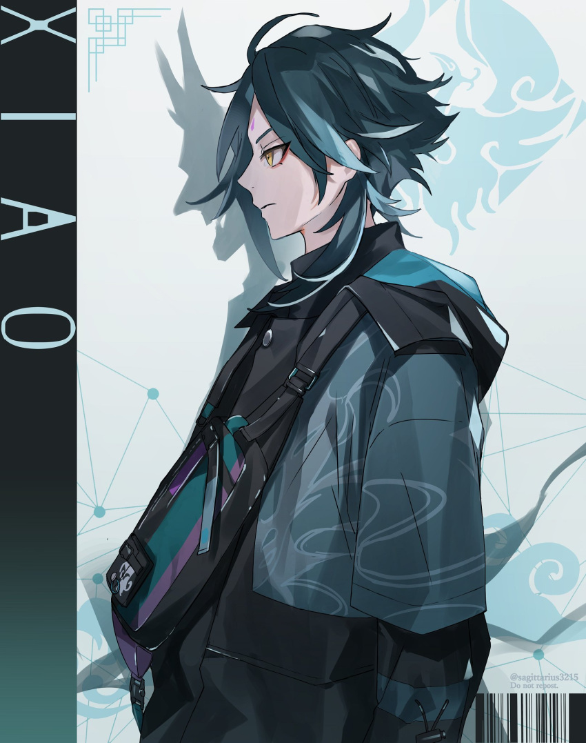 1boy ahoge alternate_costume artist_name bag bangs black_background black_jacket blue_background blue_hair blue_vest buttons character_name closed_mouth genshin_impact gradient gradient_background highres hood hooded_vest hoodie jacket kukatsuma long_sleeves looking_to_the_side male_focus multicolored_hair open_clothes open_jacket puffy_long_sleeves puffy_sleeves sidelocks solo standing two-tone_hair v-shaped_eyebrows vest watermark white_background xiao_(genshin_impact) yellow_eyes