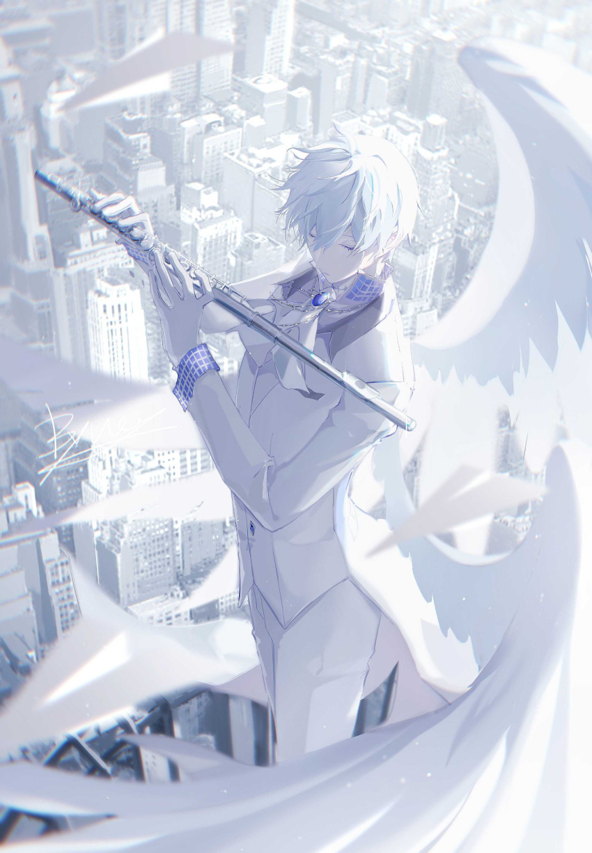 1boy absurdres angel angel_wings ascot bangs blue_gemstone byuey chinese_commentary chromatic_aberration cityscape closed_eyes closed_mouth commentary feathered_wings flute formal from_above gem gloves hair_between_eyes highres holding holding_instrument instrument long_sleeves male_focus original pants solo suit tailcoat white_ascot white_gloves white_hair white_pants white_suit white_tailcoat white_theme white_wings wings wislan_(byuey)