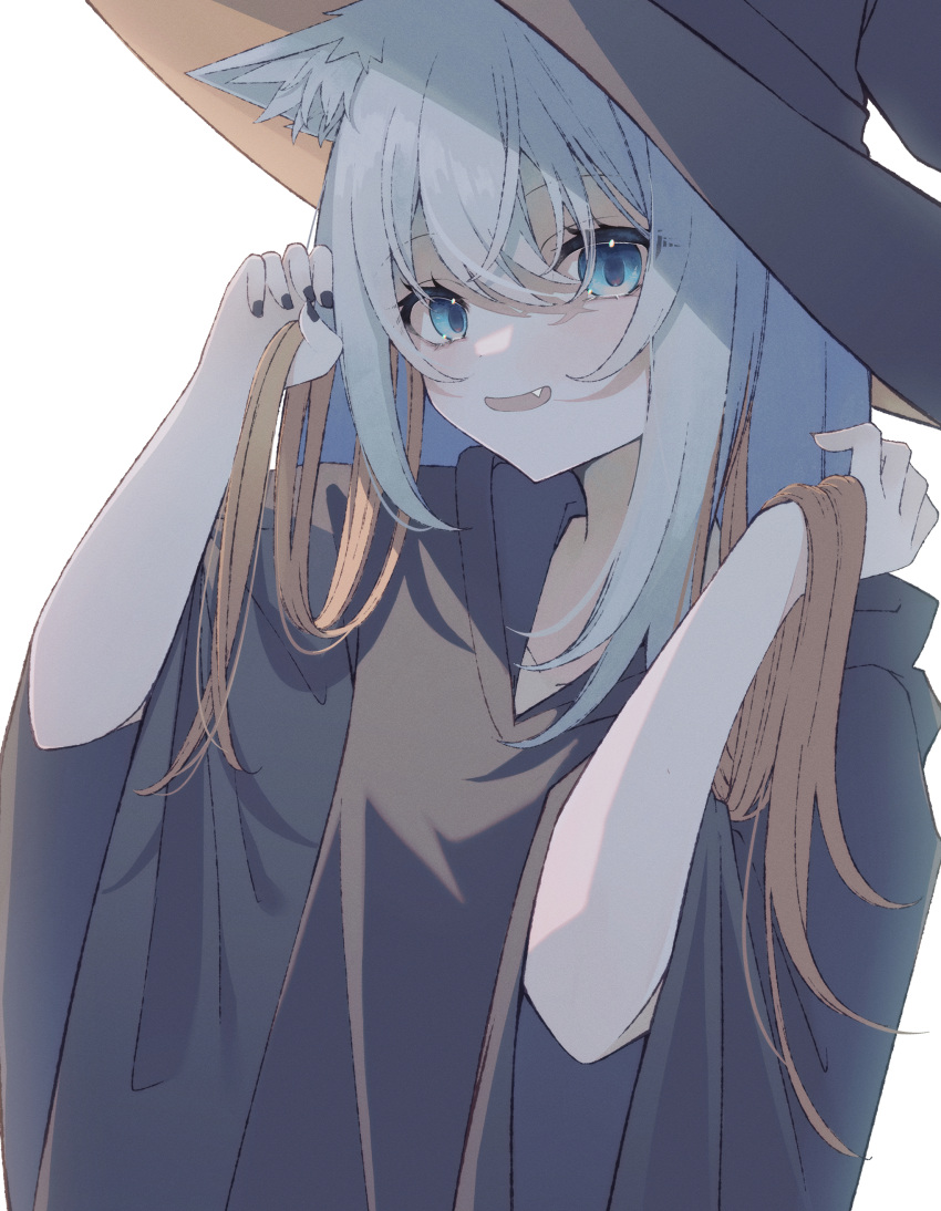 1girl :d absurdres animal_ears bangs black_robe blonde_hair blue_eyes cat_ears cat_girl commission eyebrows_visible_through_hair fang grey_hair hair_between_eyes hat highres holding holding_hair hood hood_down hooded_robe long_hair looking_at_viewer multicolored_hair open_mouth original robe skeb_commission smile solo su_ha_ya two-tone_hair white_background wide_sleeves witch witch_hat