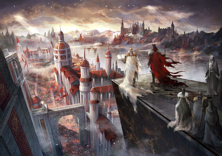 6+boys absurdres antigonus_(lord_of_the_mysteries) bangs banner bird black_hair blonde_hair blood_emperor book brown_hair cape castle chinese_commentary city cloud clouds cloudy_sky commentary_request crown dove from_behind highres holding holding_book holding_scepter lake light_rays long_hair lord_of_the_mysteries lunara mountain mr._door multiple_boys open_book parted_bangs people scepter ship sky sunbeam sunlight watercraft window
