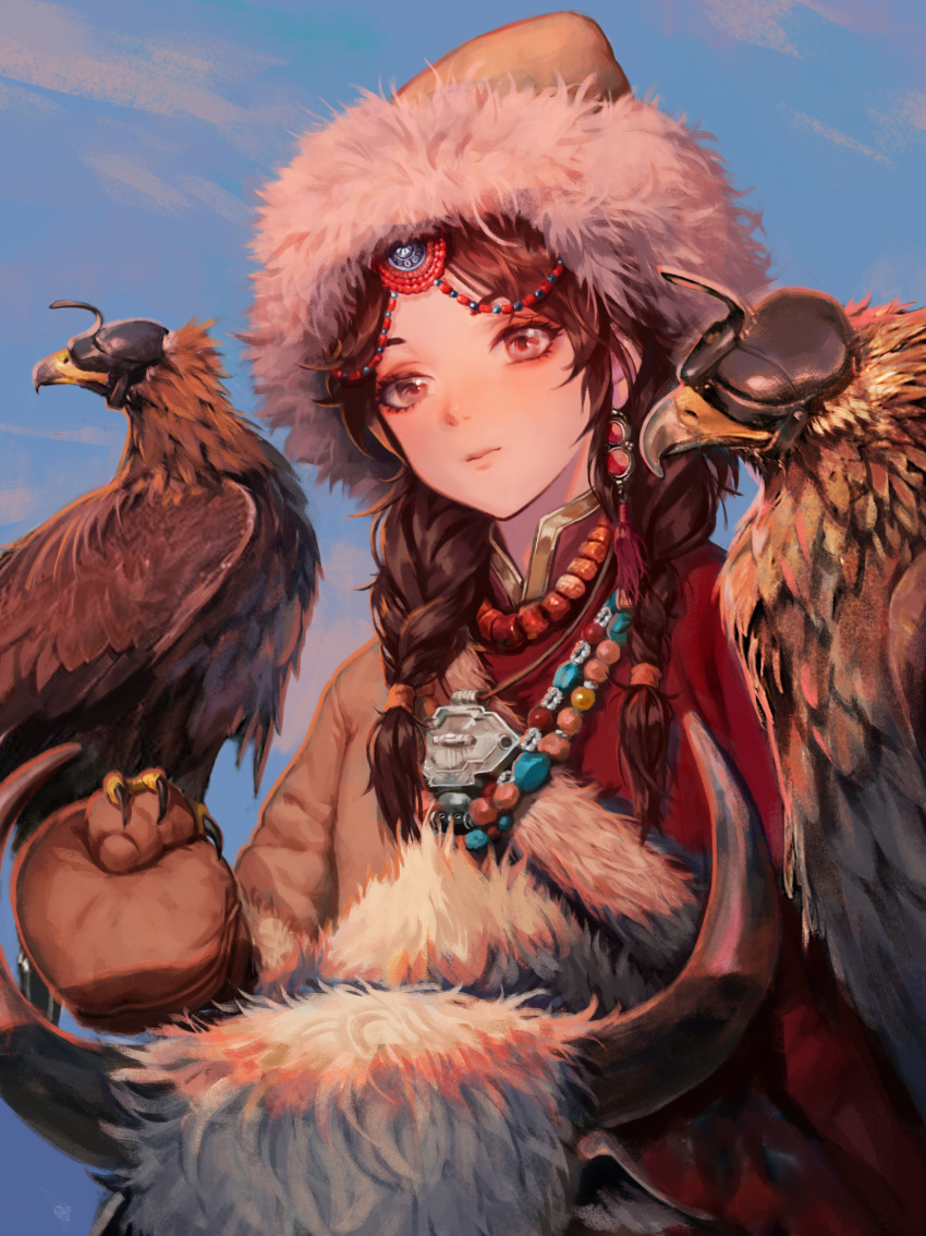 1girl animal animal_on_arm bead_necklace beads bird blue_sky braid brown_eyes brown_hair eagle english_commentary fur-trimmed_headwear fur_trim hair_ornament highres jewelry looking_afar necklace original outdoors ox_horns riding_animal sky sub_chon9 tibetan_clothes traditional_clothes twin_braids yak