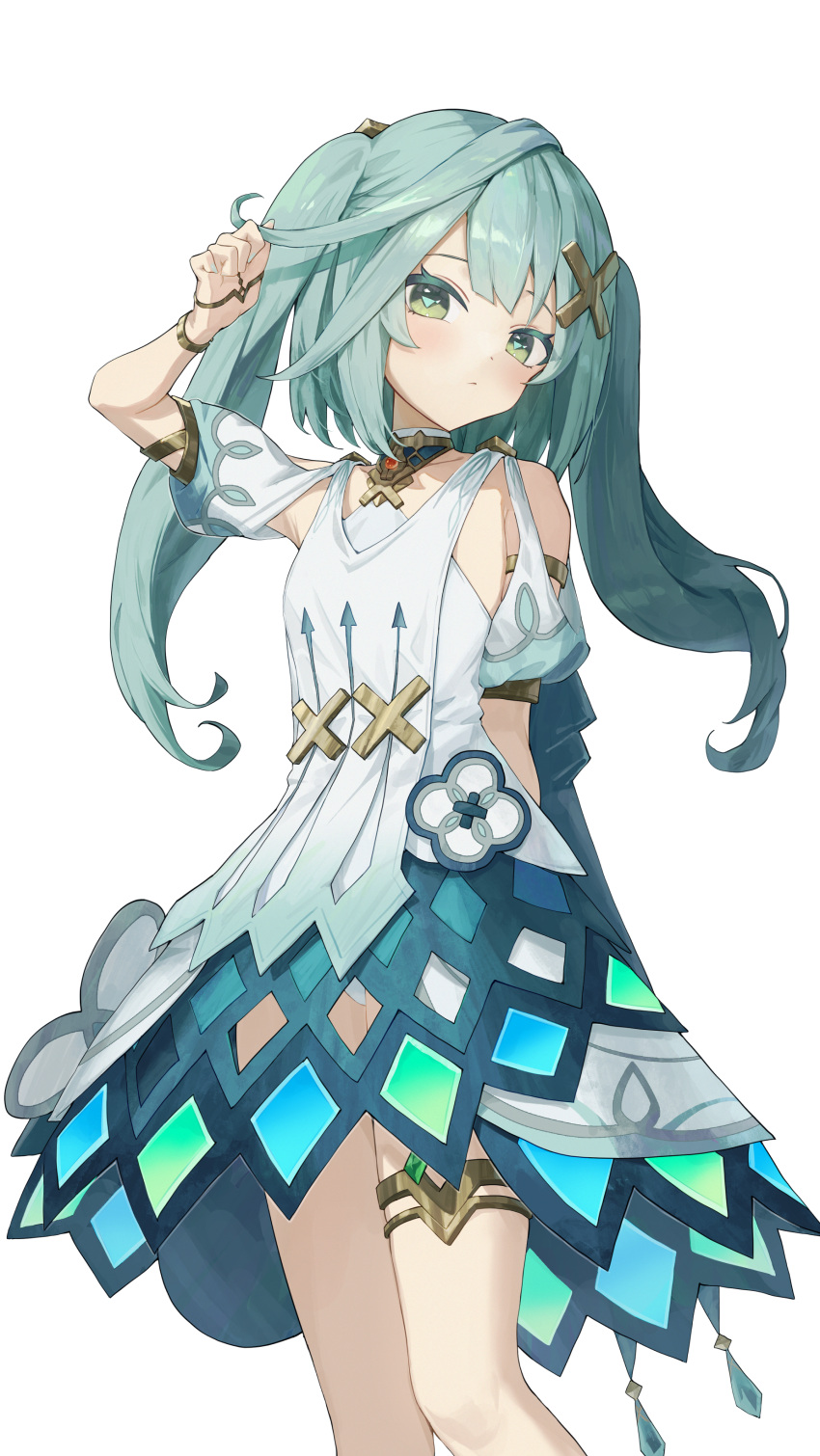 1girl absurdres aqua_hair arm_behind_back arm_up bare_shoulders blush closed_mouth clothing_cutout dot_nose dress faruzan_(genshin_impact) genshin_impact green_eyes green_hair hair_ornament head_tilt highres holding holding_hair jewelry long_hair looking_at_viewer neck_ring pellas_(panix2383) short_sleeves shoulder_cutout simple_background skirt_cutout solo standing thighlet thighs twintails white_background white_dress x_hair_ornament