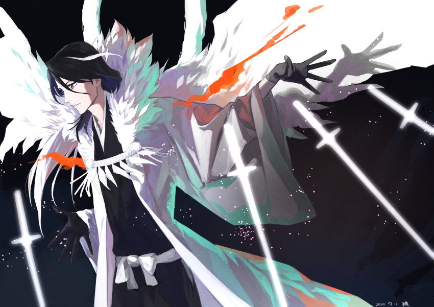 1boy absurdres bangs black_gloves black_hair black_kimono bleach commentary_request feathered_wings gloves hair_between_eyes hand_up highres japanese_clothes jo_jjo_29 kimono kuchiki_byakuya long_hair long_sleeves looking_away male_focus open_clothes parted_bangs parted_lips solo weapon white_wings wide_sleeves wings