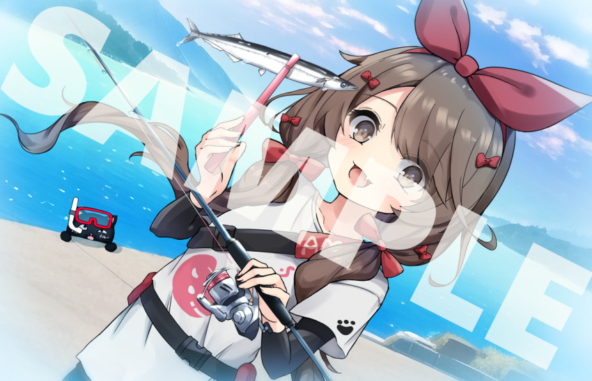 1girl :d animal bangs black_cat blue_sky blush bow brown_eyes brown_hair cat clouds commentary_request copyright_request day fang fish fishing_line fishing_rod goggles goggles_on_head hair_bow hair_over_shoulder hair_ribbon hairband holding holding_fishing_rod layered_sleeves long_hair long_sleeves looking_at_viewer low_twintails open_mouth outdoors parted_bangs red_bow red_hairband red_ribbon ribbon sample_watermark shirt short_over_long_sleeves short_sleeves sky smile snorkel solo twintails very_long_hair virtual_youtuber water white_shirt yusake_san