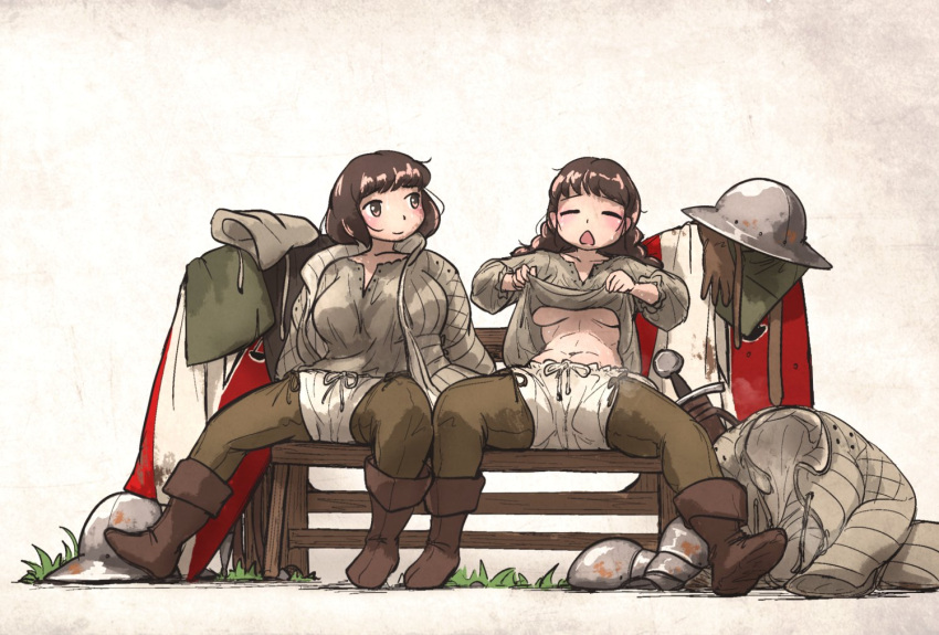 2girls armor belt bloomers boots brown_hair clothes_lift gambeson gloves helmet hot lifted_by_self long_hair medieval multiple_girls open_clothes original scabbard sheath shirt_lift sitting sweat sword toned underwear vanishlily weapon