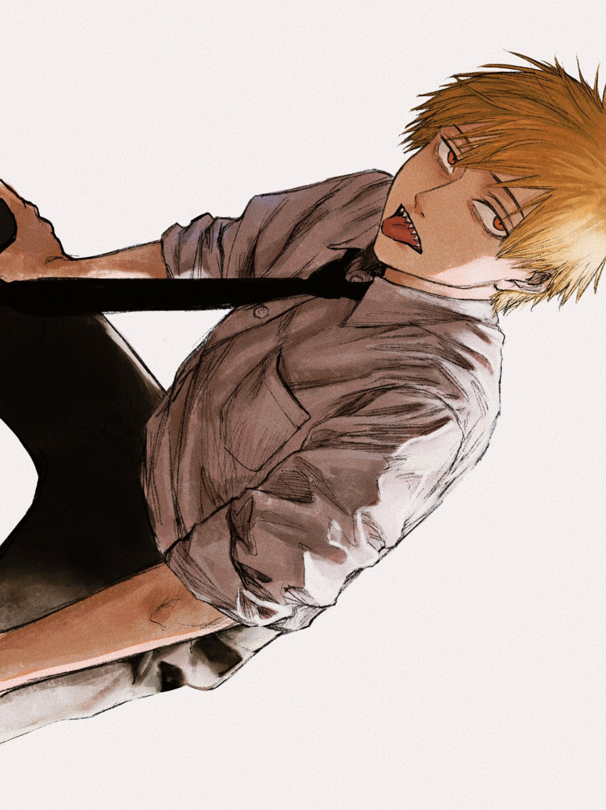 1boy black_necktie black_pants blonde_hair chainsaw_man colored_eyelashes denji_(chainsaw_man) highres leaning_forward looking_at_viewer male_focus necktie pants raberu_ruru red_eyes sharp_teeth short_hair sideways simple_background sleeves_rolled_up solo spiky_hair teeth tongue tongue_out white_background