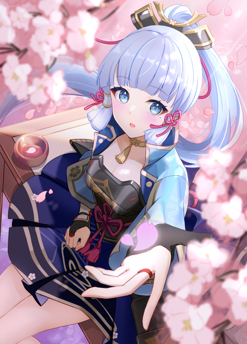 1girl bangs blue_eyes blue_hair blue_jacket blue_skirt blunt_bangs blurry blurry_foreground blush bridal_gauntlets cherry_blossoms chinese_knot commentary_request depth_of_field feet_out_of_frame foreshortening from_above genshin_impact hair_ornament highres jacket kamisato_ayaka light_blue_hair long_hair long_sleeves looking_at_viewer open_clothes open_jacket open_mouth petals ponytail reaching_out sitting skirt solo tassel_choker tyenka7728 wide_sleeves