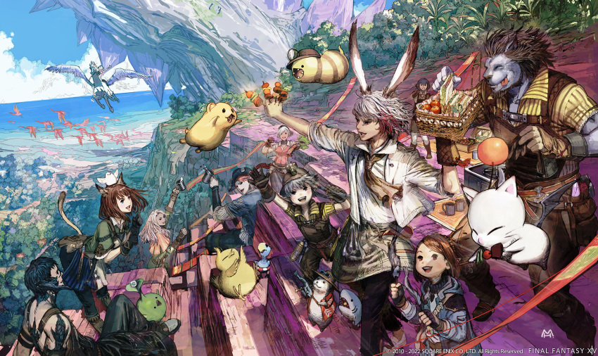 5boys 6+girls :d :p animal_ears animal_on_head arm_up artist_request au_ra avatar_(ff14) bangs basket beaver between_fingers bird bird_on_head black_gloves black_hair black_pants blue_sky brown_eyes brown_hair brown_neckerchief bunny_ears cat_ears cat_girl cat_tail chocobo clenched_hand cliff clouds commentary company_name copyright copyright_name creature cup day dragon_horns english_commentary fangs fangs_out fantasy final_fantasy final_fantasy_xiv fingerless_gloves flock flying food gloves great_serpent_of_ronka grey_hair happy hat helmet highres holding holding_basket holding_cup holding_food horns hrothgar kebab korpokkur_(final_fantasy) lalafell leaning_forward long_hair malboro midair moogle mug multicolored_hair multiple_boys multiple_girls neckerchief official_art on_head open_mouth otter outdoors outstretched_arm pants pegasus picnic picnic_basket plant pointy_ears rabbit_ears redhead sandwich scenery shark shirt short_hair signature sitting sky smile standing tail toast_(gesture) tongue tongue_out tree two-tone_hair viera walking white_hair white_shirt