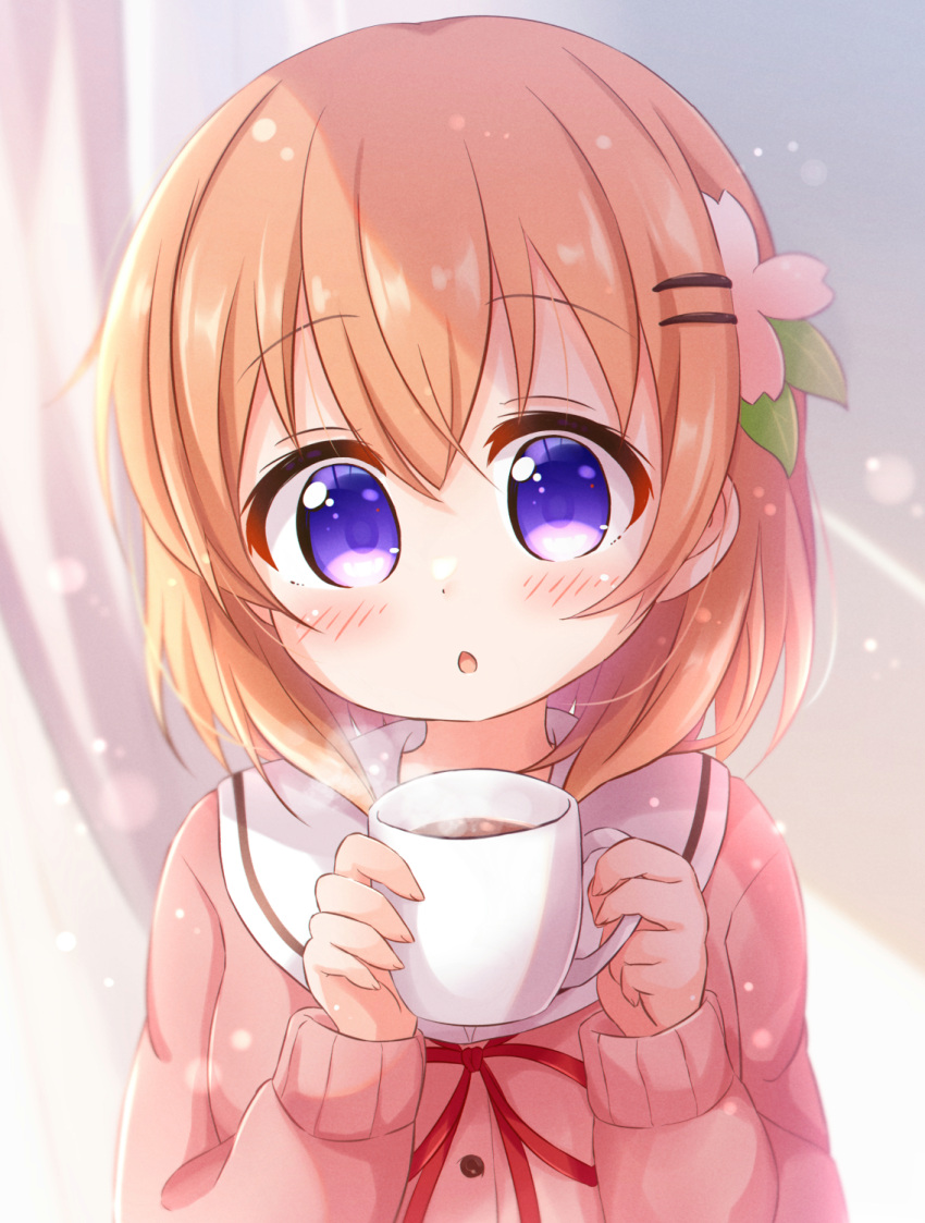 1girl :o araki495 bangs blush brown_hair cardigan commentary_request cup curtains gochuumon_wa_usagi_desu_ka? hair_between_eyes hair_ornament hairclip hands_up highres holding holding_cup hoto_cocoa long_sleeves looking_at_viewer mug neck_ribbon parted_lips pink_cardigan puffy_long_sleeves puffy_sleeves purple_eyes red_ribbon ribbon sailor_collar sleeves_past_wrists solo steam teacup upper_body violet_eyes white_sailor_collar