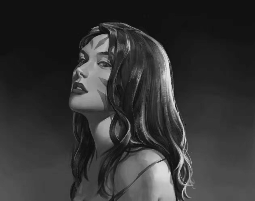 1girl bangs facial_mark gradient gradient_background grey_background greyscale kai'sa league_of_legends lips long_hair looking_at_viewer monochrome portrait qinhuaiyu_(sihouette) solo