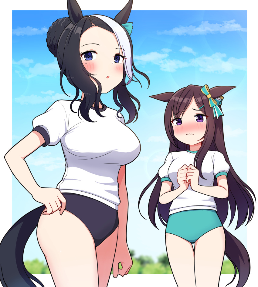 2girls absurdres alternate_costume animal_ears black_hair blurry blurry_background blush breasts brown_hair buruma commentary_request day gym_uniform highres horse_ears horse_girl horse_tail large_breasts long_hair looking_at_another looking_at_viewer medium_breasts mejiro_dober_(umamusume) mejiro_ramonu_(umamusume) mole mole_under_eye multiple_girls purple_eyes shirt short_sleeves sky tail takiki translation_request umamusume violet_eyes white_shirt