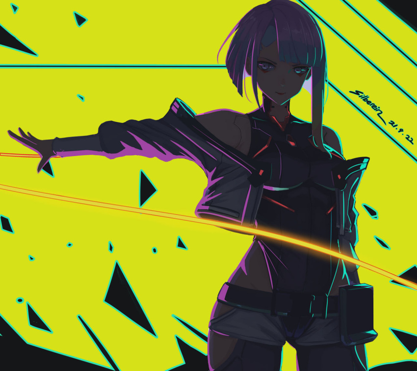 1girl arm_up bangs belt blue_eyes blue_hair bodysuit cyberpunk cyberpunk_(series) cyberpunk_edgerunners eyebrows_hidden_by_hair jacket looking_at_viewer lucy_(cyberpunk) multicolored_hair purple_hair shadow short_hair shorts silberein smile solo standing yellow_background