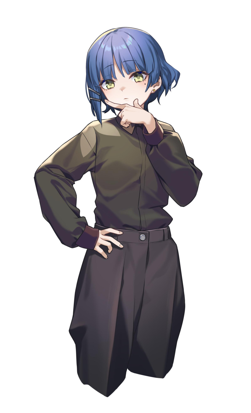 1girl absurdres bangs black_pants black_shirt blue_hair bocchi_the_rock! collared_shirt cowboy_shot cropped_legs hair_ornament hairclip highres long_sleeves looking_at_viewer mole mole_under_eye pants puffy_long_sleeves puffy_sleeves shirt shirt_tucked_in short_hair simple_background solo thinking white_background yamada_ryou yellow_eyes yitiao_er-hua