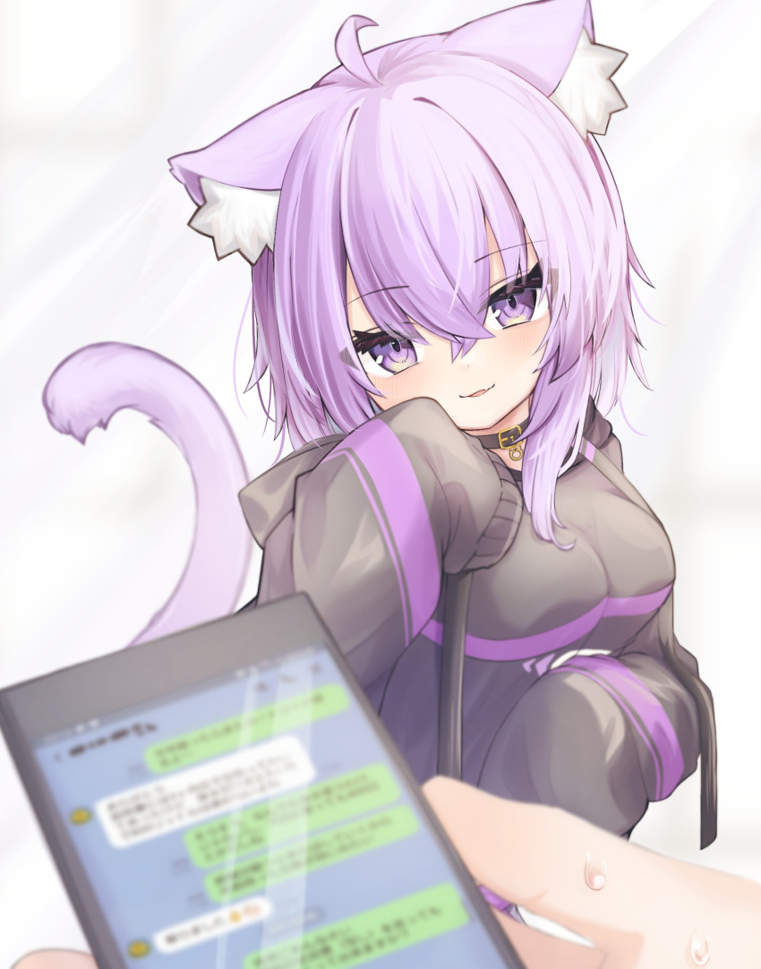 1girl ahoge ame_to_ame animal_ear_fluff animal_ears blurry blurry_foreground breasts cat_ears cat_girl cat_tail cellphone chat_log collar depth_of_field highres hololive hood hood_down hoodie large_breasts long_sleeves looking_at_viewer nekomata_okayu phone purple_eyes purple_hair short_hair sleeves_past_fingers sleeves_past_wrists smartphone solo tail virtual_youtuber