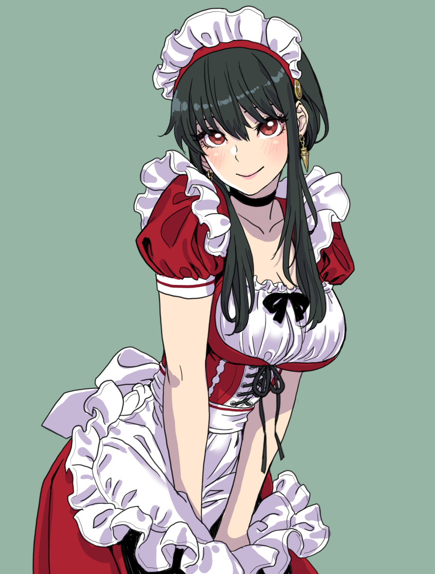 1girl absurdres apron bangs black_choker black_hair black_neckwear blush breasts choker closed_mouth dress earrings eyelashes feet_out_of_frame female green_background hair_between_eyes highres jewelry long_hair looking_at_viewer maid maid_apron maid_headdress red_dress red_eyes short_sleeves sidelocks simple_background smile solo spy_x_family white_apron yamashita_shun'ya yor_briar