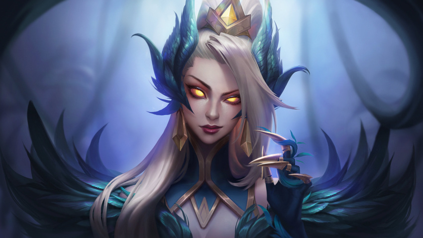1girl absurdres backlighting bangs bare_shoulders black_gloves blonde_hair blurry blurry_background claw_ring coven_zyra feather_trim gem gloves glowing glowing_eyes hair_ornament hand_up highres league_of_legends long_hair qinhuaiyu_(sihouette) red_lips shiny shiny_hair shiny_skin smile solo yellow_eyes zyra