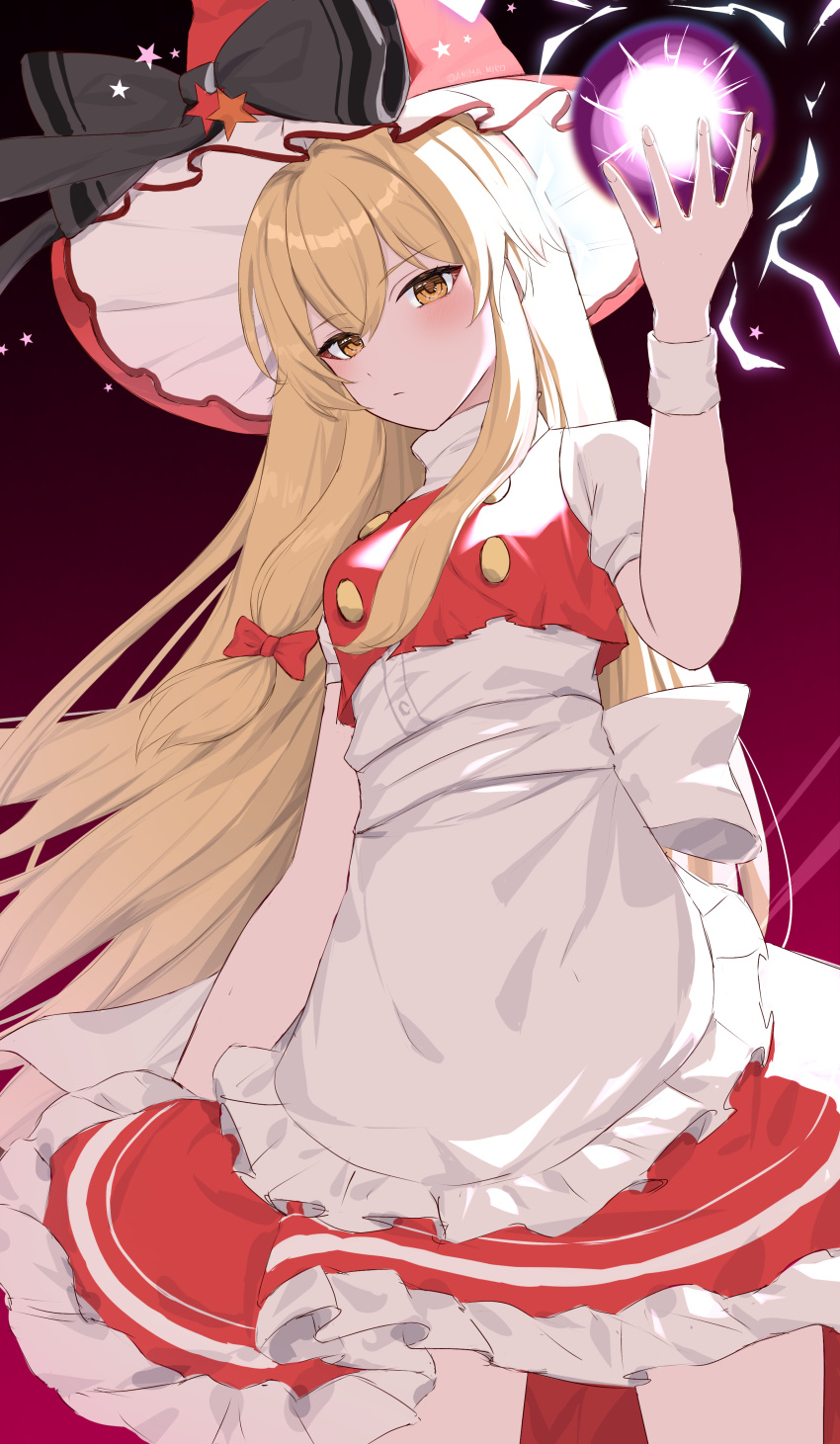 1girl absurdres anima_miko apron black_bow blonde_hair bow braid closed_mouth gradient gradient_background hair_bow hat hat_bow highres kirisame_marisa kirisame_marisa_(witch_of_scarlet_dreams) long_hair looking_at_viewer purple_background red_bow red_headwear short_sleeves side_braid solo standing star_(symbol) touhou touhou_lost_word white_apron yellow_eyes